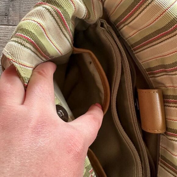 Fossil Y2K Striped Canvas Shoulder Bag Tote Green Brown Boho Casual Everyday - Picture 7 of 10